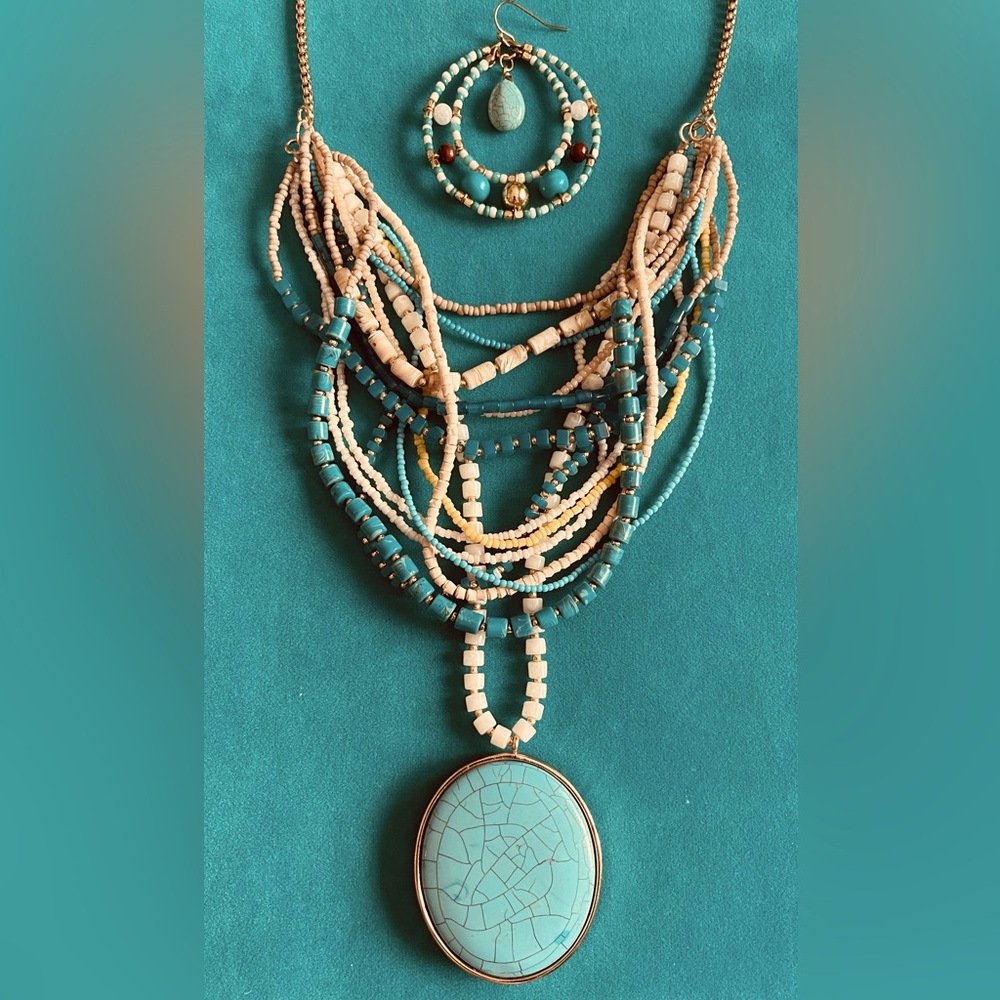 Chicos turquoise & gold confetti 15” necklace / beaded earring hoops 2”